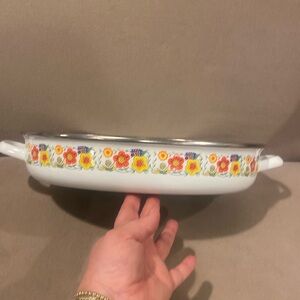 Vintage Enamelware Pot Pan Retro 70’s Orange Yellow Flowers 13x9.5x2 3/8”D Oval